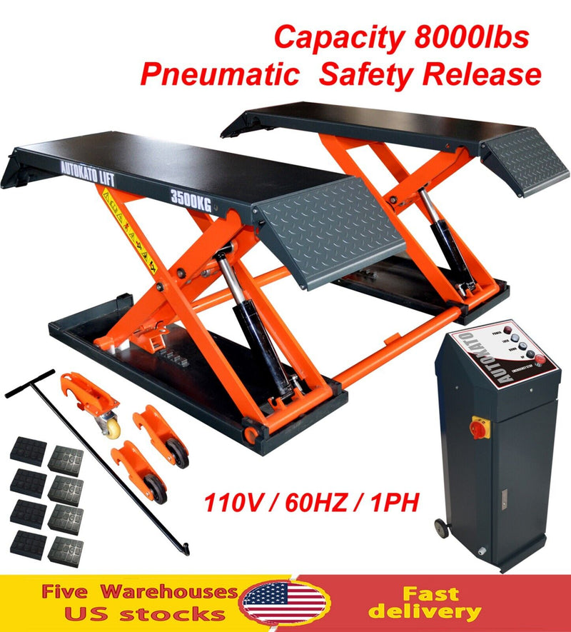 AUTOKATO Premium 8000lbs Mid Rise Scissor Lift with Convenient Pneumatic Release – Electric 110V/1PH